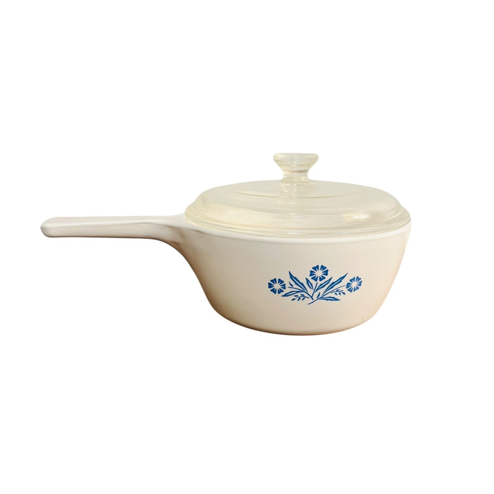 Corning Ware Cornflower Blue Saucepan with Pyrex Glass Lid Vintage White P-81-B